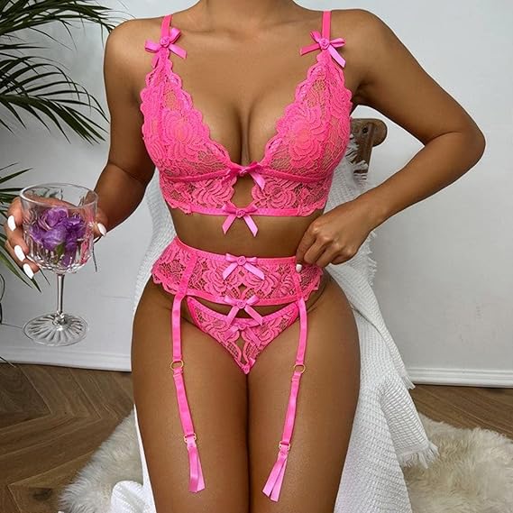 Pink Mesh Floral & Bows 3-piece Lingerie Set