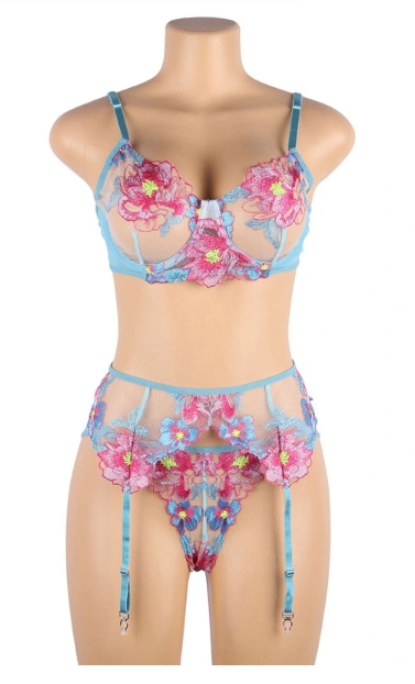 Flower Embroidered Garter Lingerie Set