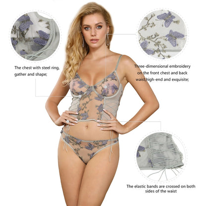 Lace Floral Embroidered Underwear & Vest Set